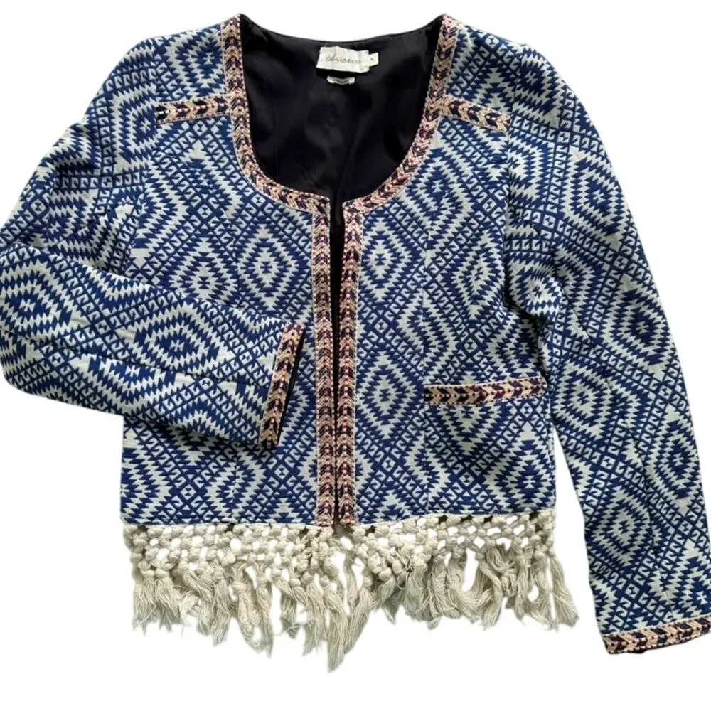 Tularosa Revolve Sante Fe Tapestry Jacket Fringe Diamondback Blue Cream Sz Small